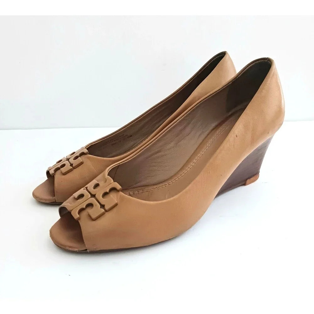 Tory Burch Lowell Peep Toe Wedge Camel Tan Leaher Stacked Wood Heel Dustbag 7.5M